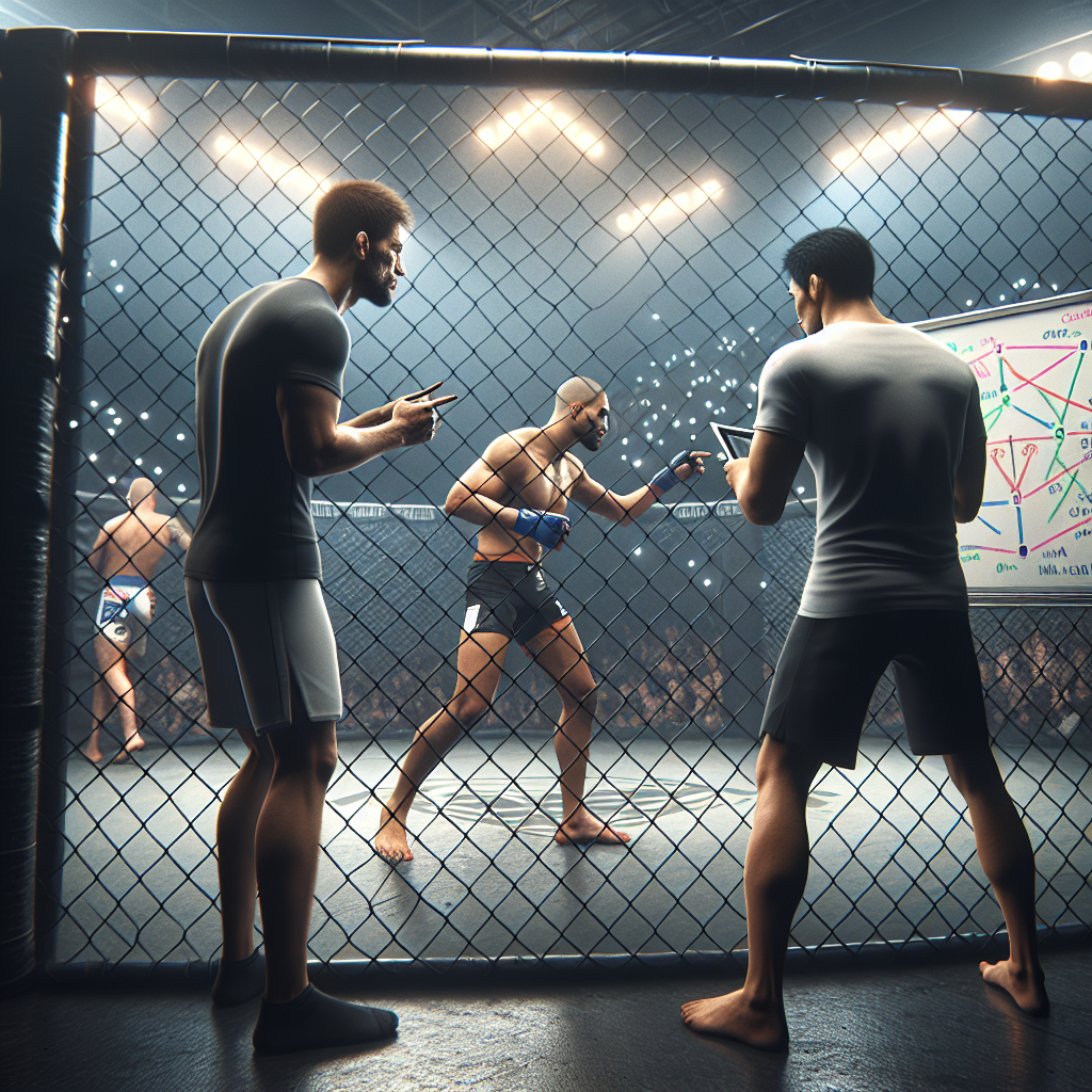 Analytical MMA ringside scene with cage, strategy review, upcoming UFC Bellator bouts