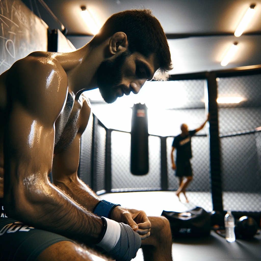 Behind-the-scenes MMA champion training in camp, taping hands before intense sparring session.